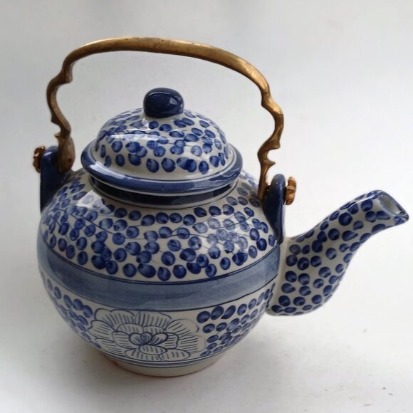 Oriental Style Blue & White Porcelain Teapot With Brass Handle Not Used VTG - Picture 12 of 12
